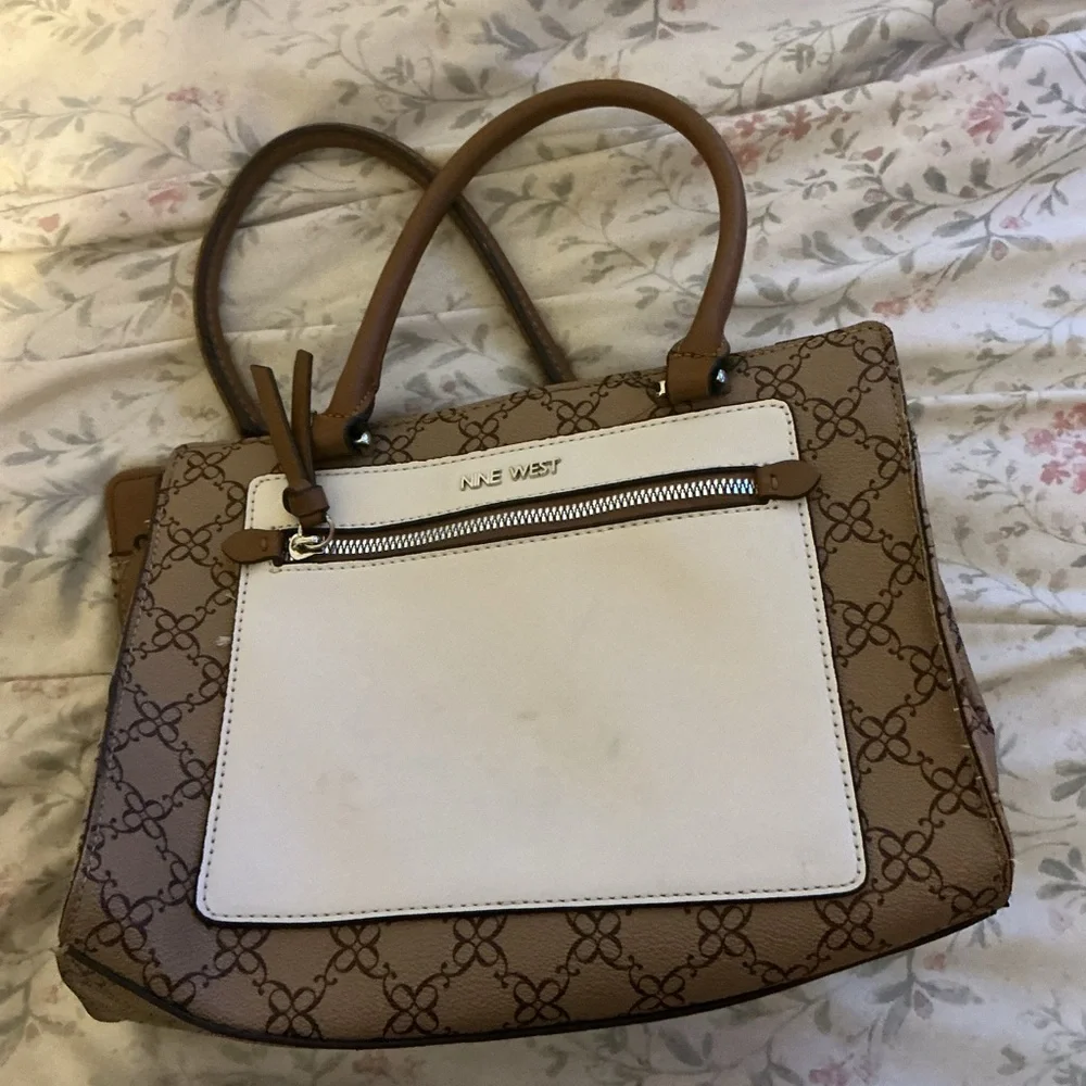 Nine West Structured Satchel – Tan & White | Classic Everyday Purse